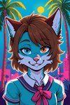 anthro city city_background clothing female grin hair heterochromia palm_tree plant school_uniform short smile sun tree uniform vaporwave renz rennii_(renz) canid canine fox mammal absurd_res hi_res