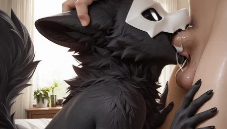 animal_ears anthro bed bedroom black_body black_eyes black_fur black_sclera bodily_fluids cum cum_drip cum_in_mouth cum_inside deep_throat dripping duo fellatio fluffy fluffy_fur fluffy_tail fur furniture genital_fluids genitals human_on_anthro interspecies looking_at_another male male/male mask neck_tuft oral penile penis sex thick_tail tuft white_eyes 11211te changed_(video_game) puro_(changed) canid canine human mammal 2025 animated short_playtime webm