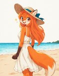 anthro brown_eyes clothing dress female gloves_(marking) hair hat headgear headwear looking_at_viewer looking_back markings open_mouth orange_hair rear_view smile solo sun_hat sundress verbotenvertex canid canine fox mammal red_fox hi_res