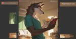 anthro book clothed clothing fur green_clothing green_shirt green_topwear grey_body grey_fur inside male multicolored_body multicolored_fur shirt solo topwear white_body white_fur anonymous_director canid canine canis mammal wolf attempted_signature hi_res