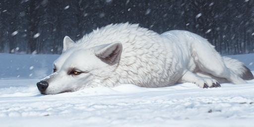 ambiguous_gender black_nose black_sclera black_tail_tip claws feral fur inner_ear_fluff neck_tuft paws plant snow snow_on_character snow_on_ground snowing solo tail tired tired_eyes tree tuft whiskers white_body white_fur yellow_eyes knotanotherfurry arctic_wolf canid canine canis mammal wolf hi_res