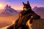 abs anthro belt black_body black_fur black_nose brown_body brown_fur canid canine canis chest_tuft coyote detailed detailed_background detailed_fur fur male mammal markings mountains muscular nipples orange_eyes seductive smiley solo tuft white_markings
