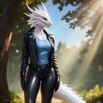 anthro attempted_signature bottomwear breasts clothing dragon drarexthedragon female hi_res jacket landet leather leather_clothing leather_jacket leather_topwear lizard looking_at_viewer non-mammal_breasts outside pants reptile scales scalie shirt solo topwear white_body white_scales wingless_dragon