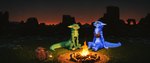 3_toes anthro armor backpack bandeau blue_body blue_fur breasts campfire claws clothing duo evening feet female fluffy fur grass green_body green_fur leather leather_armor looking_up neck_tuft open_mouth orange_sclera plant potion_bottle ruins sitting sitting_on_ground sky small_breasts smile star starry_sky sunset thick_tail toes topwear tuft yellow_sclera oldhroft furred_kobold kobold absurd_res hi_res wallpaper