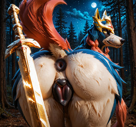 animal_genitalia animal_pussy anthro anus braided_hair butt butt_focus canine_genitalia canine_pussy female feral forest genitals hair headgear looking_back melee_weapon moon plant presenting presenting_hindquarters pussy raised_tail solo sword tail tree weapon crimson_fenrir_(director) nintendo pokemon generation_8_pokemon legendary_pokemon pokemon_(species) zacian hi_res