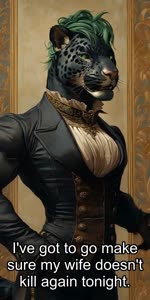 anthro black_ears button_(fastener) clothing collar corset_vest detailed_background female green_eyes green_hair hair muscular muscular_female solo suit bahufaru sitka_ayelet_(bahufaru) felid jaguar mammal pantherine animated hi_res sound voice_acted webm