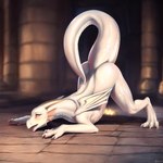 ambiguous_gender ass_up blush butt detailed detailed_scales dragon feral folded_wings front_view jack-o'_pose narrowed_eyes open_mouth pose scales scalie seductive side_butt solo spread_legs spreading square thick_tail white_body white_scales wings