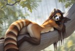 anthro branch brown_body brown_fur brown_hair digitigrade female forest fur golden_eyes hair light long_hair looking_at_viewer lying nude on_front pinup plant pose smile solo stripes sunlight tasteful_nudity tree director_crashbandit ailurid felid hybrid mammal procyonid raccoon red_panda novelai