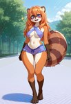 anthro black_nose bottomwear breasts brown_body brown_fur claws cleavage clothed clothing female fluffy fluffy_tail fur hair halter_top hotpants looking_at_viewer markings medium_breasts midriff multicolored_body multicolored_fur navel orange_body orange_fur orange_hair outside paws purple_eyes shorts smile smiling_at_viewer solo standing topwear two_tone_body two_tone_fur white_body white_fur vtaviscratch mammal procyonid raccoon hi_res