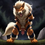 abs animal_genitalia animal_penis anthro bodily_fluids canine_genitalia canine_penis genital_fluids genitals hands_behind_back knot light low-angle_view male moonlight night penis precum rape_face solo tongue tongue_out tyrena arcanine generation_1_pokemon pokemon_(species)