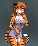 anthro breasts chest_tuft cleavage clothed clothing countershading dress female fur green_eyes hair looking_at_viewer nightgown orange_body orange_fur ponytail simple_background smile solo striped_body striped_fur stripes tuft white_body white_fur anontk twokinds flora's_mom_(twokinds) felid mammal pantherine tiger hi_res