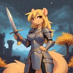 anthro armor blonde_hair blush blush_lines castle cloud female fur hair hand_on_hip holding_object knight long_hair looking_at_viewer melee_weapon night plant plate_armor red_eyes sky smile smiling_at_viewer solo star sword tan_body tan_fur tree unconvincing_armor warrior weapon mila_minx mammal mink mustelid musteline true_musteline attempted_signature hi_res