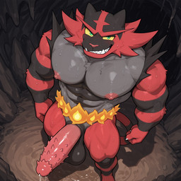 abs animal_genitalia animal_penis anthro areola aroused balls barazoku biceps big_balls big_muscles big_pecs big_penis biped black_balls black_body black_fur bodily_fluids cave claws dripping erection eyebrows feline_tail fire flaming_hair fur genital_fluids genitals glans green_eyes grey_body grey_fur grin high-angle_view huge_penis inside looking_at_viewer male markings multicolored_body multicolored_fur muscular muscular_anthro muscular_male nipples nude pecs penile_spines penis pink_nipples pink_penis precum precum_drip pseudo_hair puddle red_body red_fur red_nose retracted_sheath shadow sharp_teeth sheath smile smug solo stalactite standing striped_arms striped_legs striped_markings striped_tail stripes sweat sweaty_body tail tail_markings teeth tuft tusks vein yellow_sclera scoutr nintendo pokemon felid feline generation_7_pokemon incineroar mammal pokemon_(species) digital_media_(artwork) hi_res story story_in_description