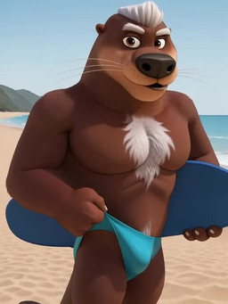 4_fingers anthro beach big_nose black_nose blue_clothing blue_swimwear brown_body brown_eyes brown_fur bulge chest_tuft claws clothing clothing_pull crotch_tuft day dialogue eyebrows fangs fingers front_view fur hair holding_object looking_at_viewer looking_back looking_back_at_viewer male monotone_body monotone_fur muscular old outside pecs rear_view sand seaside smile smirk smug solo speedo speedo_only standing sunny surfboard swimwear swimwear_only swimwear_pull tail talking_to_viewer teeth teeth_showing tongue tuft walking walking_away water wave whisker_spots whiskers white_chest_tuft white_eyebrows white_hair white_tuft scoutr surf's_up surf's_up_2:_wavemania mr._mcmahon mammal mustelid otter 3d_(artwork) animated digital_media_(artwork) short_playtime sound webm