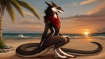 ambiguous_gender anthro belly black_belly black_sclera brown_body claws crouching digitigrade female flat_chested hair hi_res long_tail looking_at_viewer messy_hair mostly_nude oldhroft open_mouth orange_eyes palm_tree plant red_scarf sand scarf scarf_only sea sergal side_view sitting_on_tail sky smile solo spots sunset thick_tail tree wallpaper water