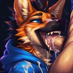 anthro ascar_the_maned_fox_(character) black_hair blue_eyes bodily_fluids canid canine clothing cum cum_in_mouth cum_inside duo fellatio fox genital_fluids hair hi_res hoodie human human_on_anthro interspecies male male/male mammal maned_wolf oral penile pinasheep69 pubes sex teeth topwear