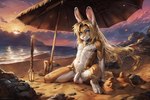 anthro balls beach blonde_hair blue_eyes cloud flaccid foreskin fur genitals girly hair jewelry long_hair looking_at_viewer male navel nipples nude penis sand sea seaside solo sunset tan_body tan_fur umbrella water white_body white_fur kemowolf lagomorph leporid mammal rabbit