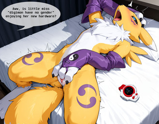 3_fingers after_transformation anthro arched_back bed bedroom blush bodily_fluids dialogue female fingering fingers flat_chested fur furniture genital_fluids hand_on_head implied_transformation looking_pleasured lying lying_on_bed masturbation mostly_nude multicolored_body multicolored_fur nude on_back on_bed open_mouth orgasm pussy_juice renamon_gloves solo surprise tears teeth text vaginal vaginal_fingering aksel bandai_namco digimon canid canine digimon_(species) fox mammal renamon english_text hi_res