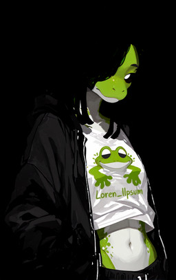 anthro black_background black_clothing black_hair black_sclera bottomwear clothing countershading dreadlocks female green_body green_skin hair hands_in_both_pockets jacket multicolored_body navel nose pants pupils simple_background solo text text_on_clothing topwear white_body white_clothing white_countershading white_pupils white_skin loren_iipsum amphibian frog absurd_res hi_res