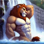 abs anthro bathing felid lion male mammal muscular nipples nude pantherine plant pose rock solo wall_(structure) water waterfall zidanes123