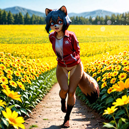 anthro bottomless bottomwear clothed clothing denim denim_clothing female flower_field genitals hands_behind_back jeans looking_at_viewer pants pussy smile solo sportswear walking_towards_viewer michiru_kagemori canid canine mammal raccoon_dog tanuki