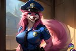 anthro blue_eyes clothing female fluffy fluffy_tail fur hat headgear headwear pink_body pink_clothing pink_fur pink_hat pink_headwear police police_hat police_uniform solo solo_focus uniform rxmurloc canid canine canis mammal wolf hi_res