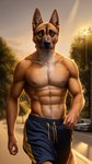 abs anthro areola athletic athletic_male black_nose bottomwear brown_eyes canid canine canis clothed clothing day detailed_background domestic_dog german_shepherd herding_dog hi_res light looking_at_viewer male mammal navel nipples outdoors outside partially_clothed pastoral_dog pecs realistic road shorts smiley solo sunlight topless