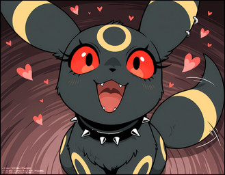 abstract_background black_collar collar ear_piercing eyelashes face_focus female feral floating_heart fur fur_tuft happy high-angle_view long_eyelashes looking_at_viewer open_mouth piercing sitting solo spiked_collar spikes tail_motion tailwag text tuft wide_eyed the_yiff_republic nintendo pokemon selena_(the_yiff_republic) eeveelution generation_2_pokemon pokemon_(species) umbreon absurd_res director_name english_text hi_res