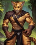 abs anthro areola armor bethesda_softworks bottomwear bulge clothing fur hand_wraps loincloth looking_at_viewer male muscular muscular_anthro muscular_male navel nipples orange_body orange_fur solo striped_body striped_fur stripes the_elder_scrolls whiskers wraps yellow_eyes riseflux felid feline khajiit mammal