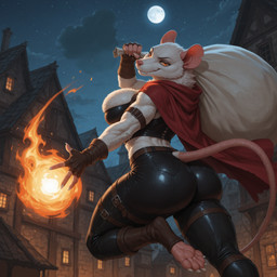 anthro big_butt breasts butt cape claws clothing cloud female flame fur magic_user moon night outside rat_tail red_eyes round_ears smile smirk solo tight_clothing white_body white_fur zoc mammal murid murine rat rodent hi_res