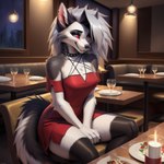 anthro bedroom_eyes breasts canid cleavage clothed clothing dress female fur hair hands_between_legs looking_at_viewer loona_(helluva_boss) mammal multicolored_body multicolored_fur narrowed_eyes open_mouth prompt_metainfo red_clothing red_dress red_sclera restaurant seductive sitting skimpy smile solo spread_legs spreading white_hair