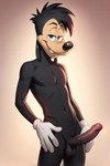 anthro balls bed black_body cartoon_character clothing disney furniture genitals gloves handwear looking_at_viewer male nude penis solo standing cartoonlover max_goof canid canine canis domestic_dog mammal hi_res