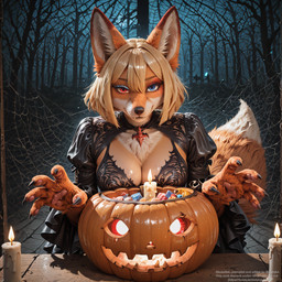 5_fingers accessory anthro basket black_clothing blonde_hair blue_eyes breasts candle candy claws cleavage clothed clothed_female clothing container dark_background dessert dress eyelashes fangs female fingers fluffy fluffy_tail foggy food front_view fur furniture hair halloween heterochromia jack-o'-lantern jewelry long_ears long_eyelashes looking_at_viewer medium_shot multicolored_body multicolored_fur night orange_body orange_fur pendant plant pupils red_eyes scary short_hair sleeves slim_anthro slim_body slit_pupils solo spider_web table tail teeth topwear tuft sheishfed wild_assault akaihime_(wild_assault) canid canine fox mammal vampire hi_res