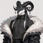 anthro black_sclera clothed clothing coat crown fur hair horn long_hair looking_at_viewer male ring_(jewelry) simple_background solo sweater topwear turtleneck white_body white_eyes white_fur mozhan mozhan_(character) bovid caprine humanoid mammal absurd_res hi_res