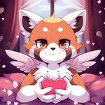 <3 absurd_res ailurid anthro bed bedroom brown_eyes frosting.ai fur furniture glistening glistening_eyes hi_res looking_at_viewer male mammal mr_diddlez orange_body orange_fur red_panda rosso_(mr_diddlez) smile solo white_body white_fur wings