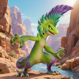 3_toes 4_fingers anthro biped black_claws blurred_background canyon claws countershade_face countershading depth_of_field detailed_background feet female fingers front_view green_body green_scales looking_forward mohawk multicolored_body multicolored_scales no_sclera open_mouth purple_body purple_scales river scales semi-anthro sharp_teeth solo standing tail tan_body tan_countershading teeth toe_claws toes white_toe_claws yellow_eyes director_zerumi aniimo aniimo_(game) lizard momand reptile scalie