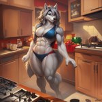 abs agreenfish anthro athletic big_breasts bra breasts canid canine canis clothing detailed_background female fluffy_fur fur green_eyes grey_body grey_fur grey_hair hair inside kitchen mammal muscular muscular_female nipples seductive smile solo thick_thighs underwear white_body white_fur wolf