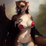 anthro avian beak bedroom_eyes bikini biped bird breasts cleavage clothed clothing female fleekfeather jacket looking_at_viewer midriff narrowed_eyes navel seductive skimpy smile solo swimwear topwear