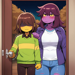 ambiguous_gender angry anthro big_breasts blushing_at_viewer bottomwear breasts brown_hair clothed clothing denim denim_clothing door doorknob doorway duo female fist forest forest_background freckles fully_clothed hair hair_over_eyes hand_on_shoulder jeans looking_at_viewer motion_lines mythology nature nature_background nervous_sweat night pants plant purple_body short_hair sweater topwear torn_bottomwear torn_clothing torn_jeans torn_pants tree yellow_body yasuhikonsfw deltarune undertale_(series) kris_(deltarune) susie_(deltarune) dragon human mammal mythological_creature mythological_scalie scalie hi_res
