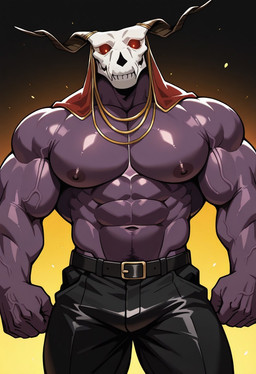 bara bone bottomwear clothing male muscular muscular_male nipples pants pecs purple_body red_eyes skull skull_head solo elias_ainsworth demon humanoid hi_res