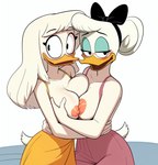 accessory anatid anseriform anthro avian bangs beak bedroom_eyes bird black_eyes blue_eyeshadow blush bow_(feature) bow_ribbon breast_squish breasts breasts_frottage clothing cloud9999 daisy_duck della_duck disney dress duck ducktales ducktales_(2017) duo embrace exposed_breasts eyebrows eyeliner eyeshadow female female/female hair hair_accessory hair_bow hair_ribbon hand_on_hip hi_res holding_breast hugging long_hair looking_away makeup narrowed_eyes nipples open_mouth pink_clothing pink_dress pink_nipples portrait raised_eyebrows ribbons scut_tail seductive short_tail simple_background smile squish three-quarter_portrait white_background white_body white_hair white_skin wide_eyed yellow_clothing yellow_dress