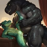 3_toes 4_fingers ahegao animal_genitalia anthro anthro_on_anthro anthro_penetrated anthro_penetrating anthro_penetrating_anthro arm_support belly belly_bulge biceps big_dom_small_sub big_muscles big_penis biped black_body black_penis black_scales bodily_fluids claws clitoris countershading deltoids detailed_background dominant duo erection extinct eye_contact facial_spikes featureless_chest feet female female_penetrated fingers flat_chested furniture genital_slit genitals glistening glistening_body glistening_genitalia glistening_penis glistening_scales green_body green_scales grey_body grey_scales hand_on_leg horn inside lamp larger_male leg_grab light looking_at_another looking_at_partner looking_pleasured lying male male/female male_penetrating male_penetrating_female multicolored_body multicolored_scales musclegut muscular muscular_anthro muscular_male narrowed_eyes nude nude_anthro on_back open_mouth pecs penetration penile penile_penetration penis penis_in_pussy prehistoric_species pussy quads raised_leg scales sex sharp_teeth size_difference slit smaller_anthro smaller_female smaller_penetrated smile spikes spikes_(anatomy) spread_legs spreading standing table_lotus_position tail teeth thick_thighs toe_claws toes triceps two_tone_body two_tone_scales vaginal vaginal_penetration vein veiny_penis yellow_eyes yellow_sclera zyx_(kneiff) kneiff arthur_jaws_smith_(kneiff) dinosaur kobold reptile scalie theropod tyrannosaurid tyrannosauroid tyrannosaurus tyrannosaurus_rex digital_media_(artwork) hi_res lighting shaded