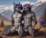 animal_genitalia animal_penis anthro balls beak biped black_pupils blue_eyes blue_hair canine_genitalia canine_penis claws cloud detailed_background duo fluffy fully_sheathed fur genitals grey_beak grey_body grey_fur hair holding_each_other looking_at_another male male/male mountains multicolored_body muscular muscular_anthro muscular_male nature nature_background navel nipples nude outside paws penis plant pupils purple_hair scales sheath sky smile snow_on_mountains tail_tuft tree tuft jackalische avian canid gryphon hybrid mammal mythological_avian attempted_signature detailed