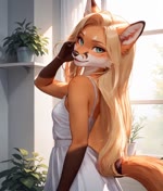 anthro bare_shoulders blonde_hair breasts female hair long_hair looking_at_viewer small_breasts smile smiling_at_viewer solo solo_focus magacitl canid canine fox mammal animated webm