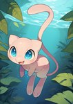 ambiguous_gender big_eyes blue_eyes chibi feral happy leaf long_feet long_tail looking_at_viewer open_mouth pink_body solo three-quarter_view underwater water yiffymix_(model) chilon249 legendary_pokemon mew pokemon_(species) full-length_portrait portrait