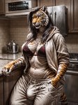 black_hair blackstripe_boundpaw bra chakatblackstripe_(director) clothed clothing domestic felid gynomorph hair humanoid hyper_realistic intersex jacket kitchen lingerie mammal pantherine partially_clothed solo sweatpants tiger topwear underwear