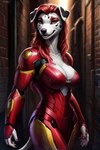 alley anthro armor big_breasts breasts clothing cosplay costume detailed_background female hair red_hair slim_body small_waist solo wide_hips hellapoc ironman_(marvel) canid canine canis dalmatian domestic_dog mammal