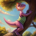 anthro claws clothing cloud dinosaur dinosaur_skin eyewear glasses male methuzalach plant purple_body reptile scalie shirt smile solo summer tank-top tank_top tanktop toe_claws topwear tree young