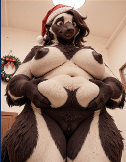 anthro belly_rolls brown_body brown_eyes brown_fur brown_hair christmas_clothing christmas_headwear clothing dark_nipples darkened_genitalia darkened_pussy female fur genitals hair hand_on_own_belly headgear headwear inside lamp multicolored_body multicolored_fur pussy realistic realistic_fur realistic_lighting slightly_chubby tan_body tan_fur thick_thighs two_tone_body two_tone_fur nnam_si3 anteater mammal pilosan xenarthran hi_res