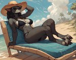anthro arm_support beach beach_chair bikini blue_sky breasts canid claws clothing cloud digitigrade director_aislopper eyewear female fur grey_body grey_fur hi_res leaning leaning_back mammal multicolored_body multicolored_fur palm_tree plant pony_diffusion_(model) relaxing sea seaside sitting sky smile solo sun_hat sunglasses swimwear toe_claws tree two_tone_body two_tone_fur water were werecanid worgen